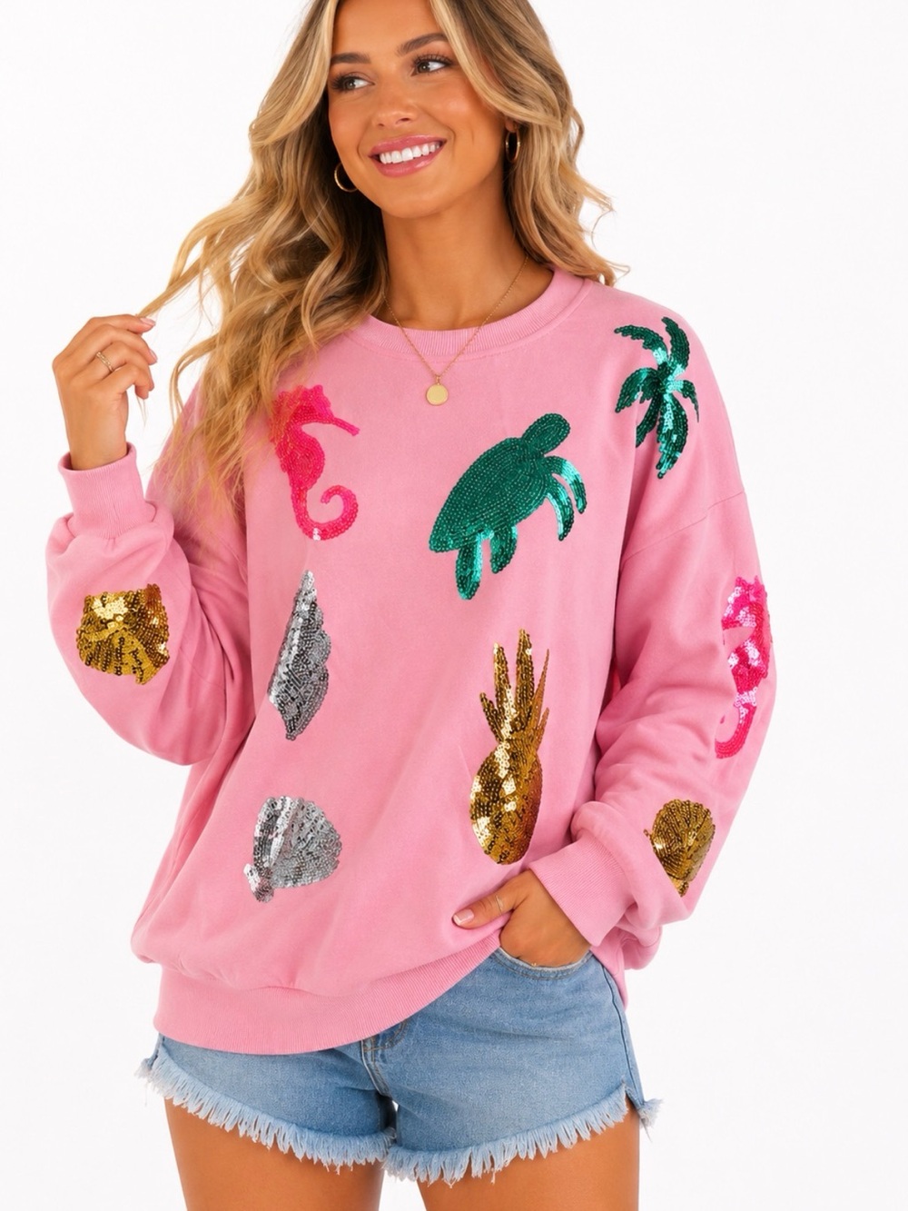 Simply Southern, Pink Sequin Coastal Sweatshirt, Size XL NWT - Picture 1 of 13